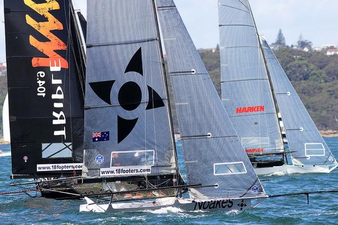 Race 7 – US visitor Harken took the early lead over Triple M and Noakes Youth – 18ft Skiffs Spring Championship ©  Frank Quealey / Australian 18 Footers League